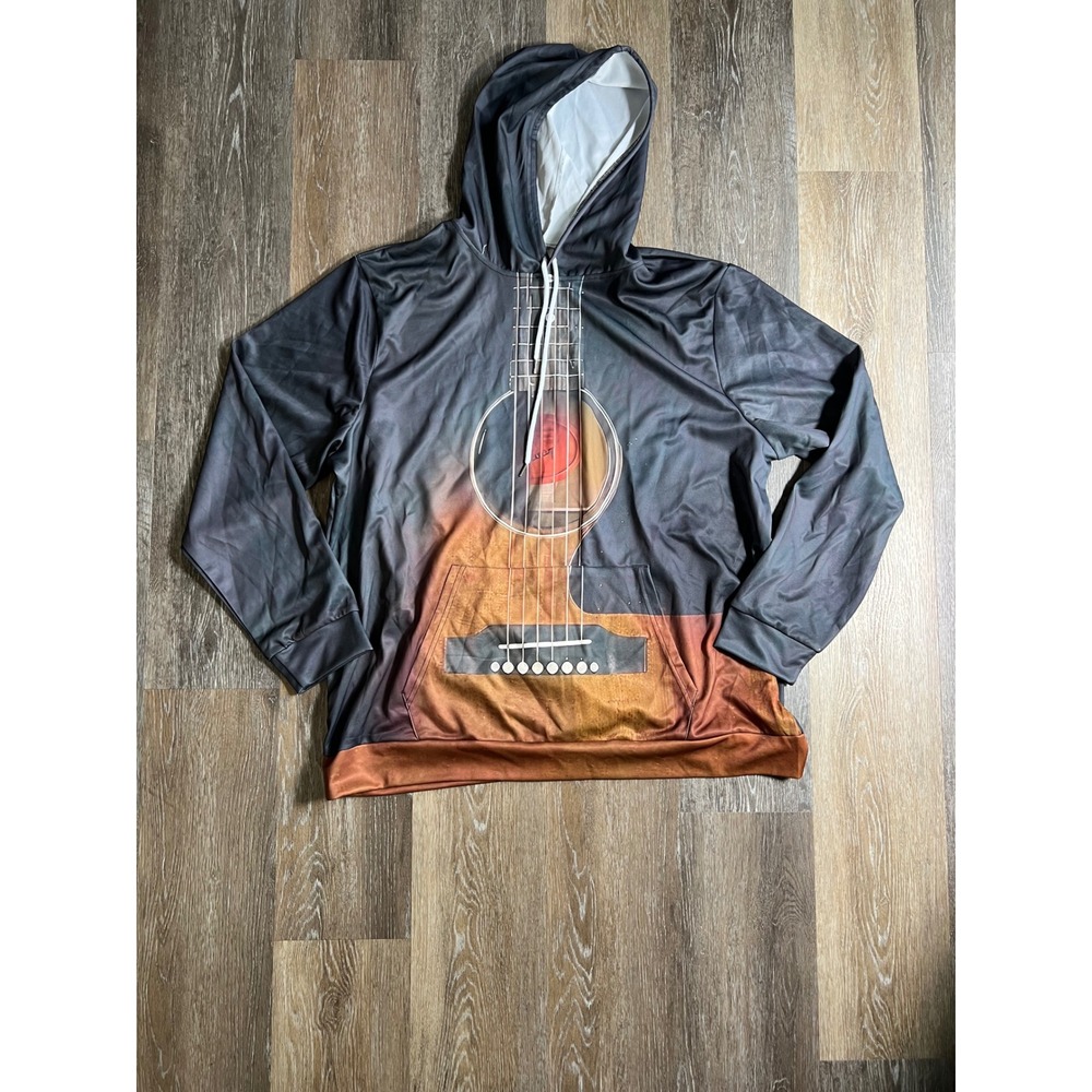 Unbranded Acoustic Guitar Graphic Hoodie Mens 2XL Black Brown Excellent Music